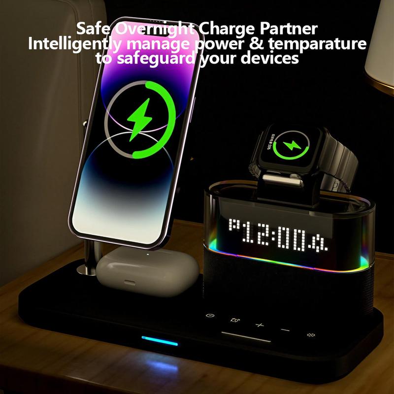 5-in-1 Wireless Charger for Smartphone, Wireless Multifunctional Charger with Clock, Magnetic Electronic Digital Wireless Charger Stand for iPhone 15/14/13/12, Apple Watch Series & Airpods, Mobile Phone Charging Accessories