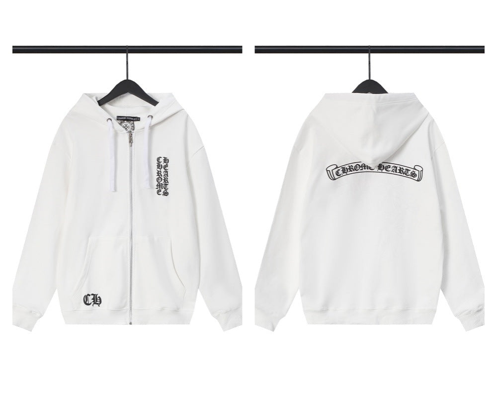 CH Autumn Winter New Cross Scroll Simple Classic Hooded Sweatshirt Zipper Pure Cotton Jacket