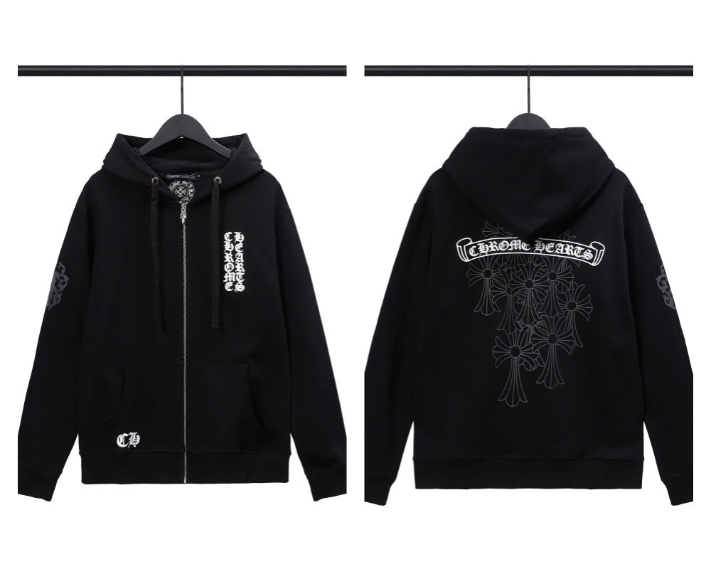 CH Autumn Winter New Cross Scroll Simple Classic Hooded Sweatshirt Zipper Pure Cotton Jacket
