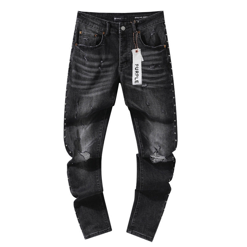 Jeans Washed and Distressed Retro Tattered Jeans Splash Ink Ruffle Handsome and Beautiful Style(2)