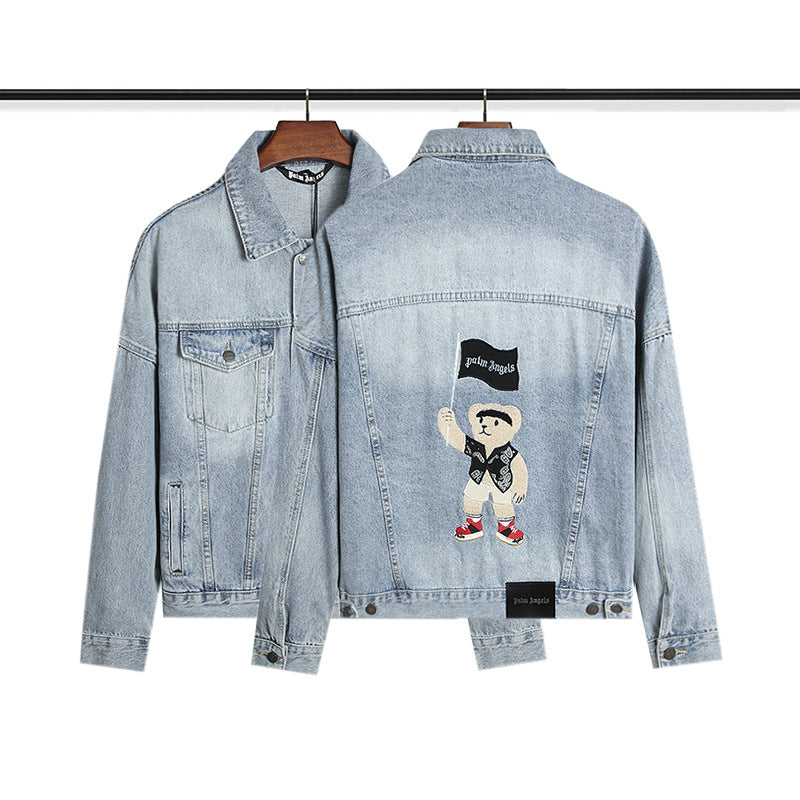 PA Trendy Brand Denim Jacket with Large Letter Logo and Palm Tree Design for Couples
