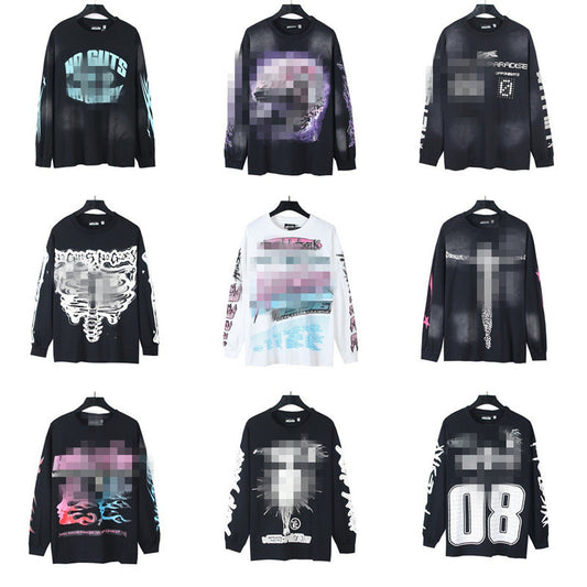 2025 Summer New American Fashion Brand Male and Female Couples Wear plus Size Loose Pullover Long Sleeve T-shirt Teenagers