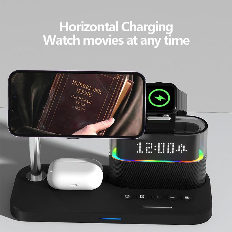 5-in-1 Wireless Charger for Smartphone, Wireless Multifunctional Charger with Clock, Magnetic Electronic Digital Wireless Charger Stand for iPhone 15/14/13/12, Apple Watch Series & Airpods, Mobile Phone Charging Accessories