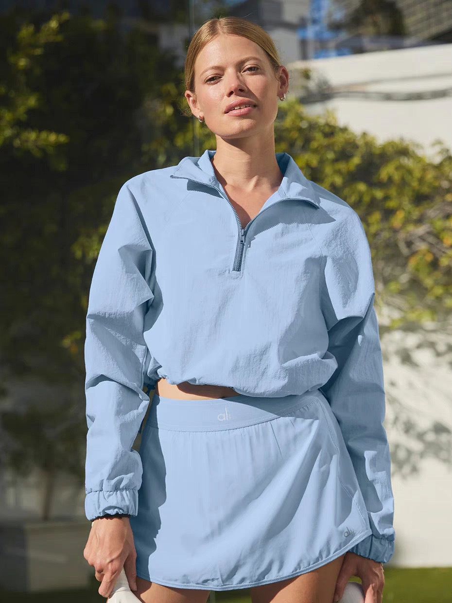 A-L Half-Zip Sun Protection Jacket Short Cropped Stand Collar Set Women's Sports Casual Pullover Top + Shorts