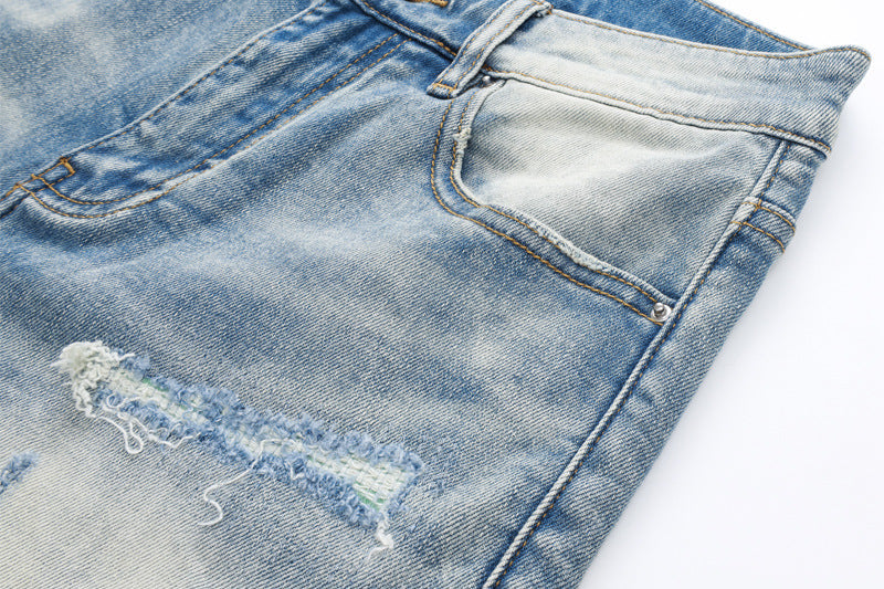 Fashion Street Style Men's Denim Shorts Summer Light Blue Trendy Brand Embroidered Patch Elastic Five-Point Denim Mid-Length Shorts