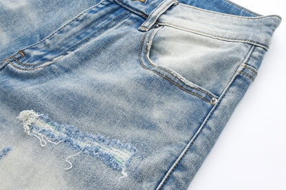 Fashion Street Style Men's Denim Shorts Summer Light Blue Trendy Brand Embroidered Patch Elastic Five-Point Denim Mid-Length Shorts