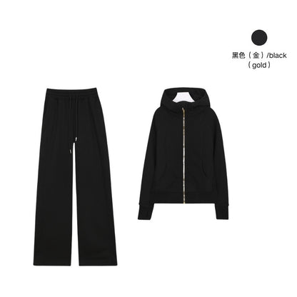 LULU Embroidered Hooded Zipper Cardigan Slim Fit Sweatshirt Set Fleece Lined Full Zipper Cardigan Jacket Gold Label