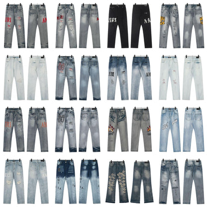Cross-Border Foreign Trade AM American High Street Ripped Patch Letter Embroidery Washed Slim Straight Skinny Jeans Long Pants