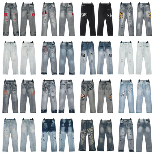 Cross-Border Foreign Trade AM American High Street Ripped Patch Letter Embroidery Washed Slim Straight Skinny Jeans Long Pants