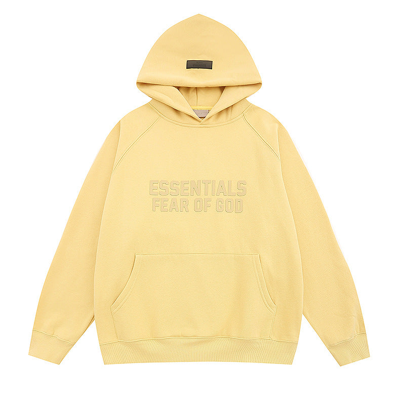 FQG Double-Line ESSENTIALS Hooded Sweatshirt with 3D Silicone Letter Print Unisex Loose Hoodie
