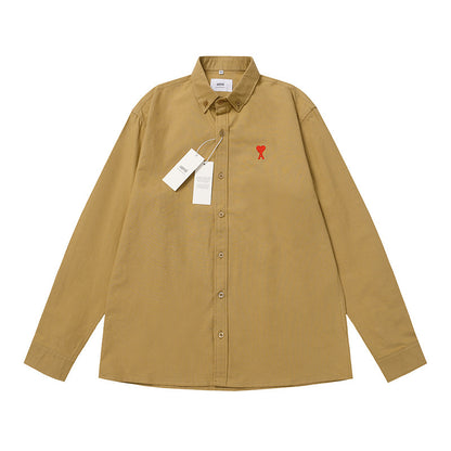 Trendy Brand Am* Small Heart Embroidered Shirt Casual Loose Fit Unisex Couple Style Amy Cotton Long Sleeve Top(2)