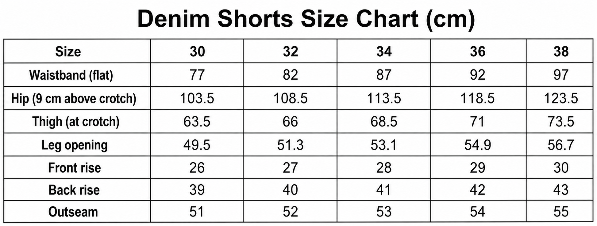 Men's denim shorts English size chart in centimeters