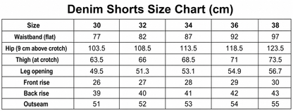 Men's denim shorts English size chart in centimeters