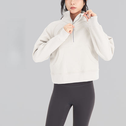 Lulu Same Style Winter Half-Zip Loose Hooded Sweatshirt for Women, Autumn and Winter Fleece-Lined Slim Fit Hoodie Jacket