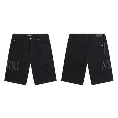 GMABCD Men's Vintage Distressed Patchwork Denim Shorts – Straight-Leg Streetwear – product view 1