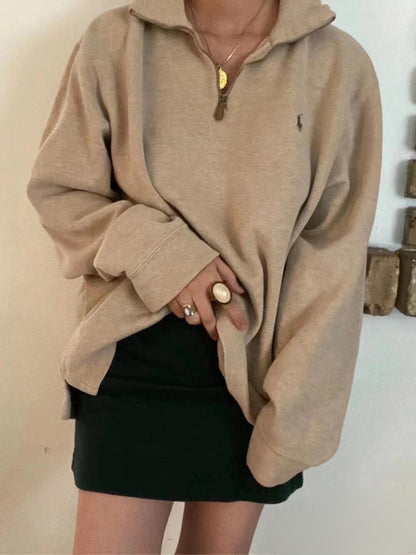 RL Ralph Pony Label Retro Couple Sweatshirt Women Long Sleeve Sweatshirt Men Polo Half Zipper Turn-down Collar Loose American Style