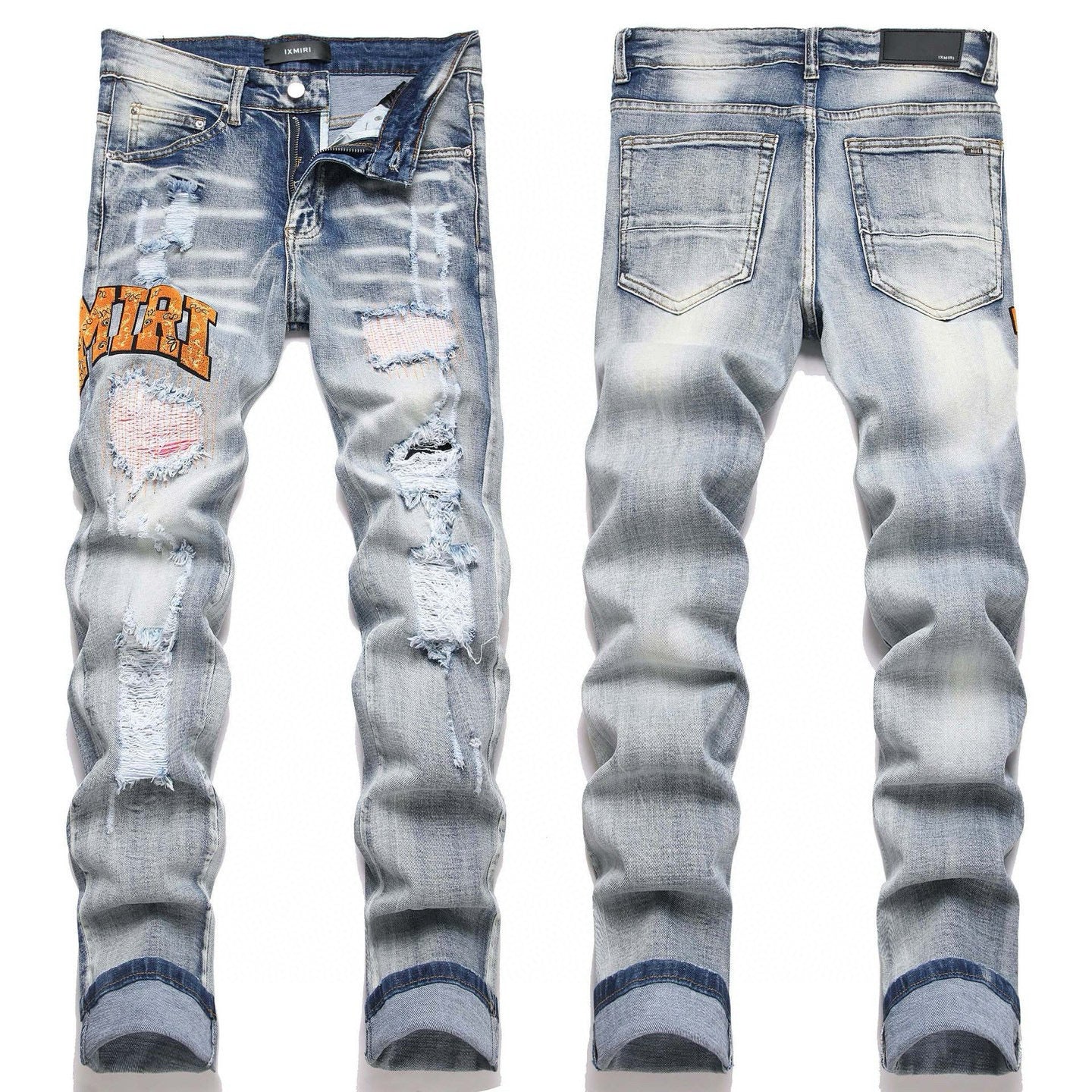 American Style Trendy Brand Jeans for Men with Patch Embroidery High Street Basic Ripped Skinny Fashion Casual Stretch Straight Long Pants