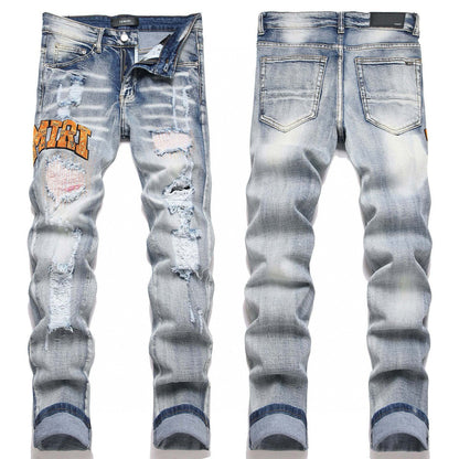 American Style Trendy Brand Jeans for Men with Patch Embroidery High Street Basic Ripped Skinny Fashion Casual Stretch Straight Long Pants