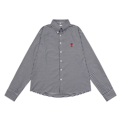 Trendy Brand Am* Small Heart Embroidered Shirt Casual Loose Fit Unisex Couple Style Amy Cotton Long Sleeve Top(2)