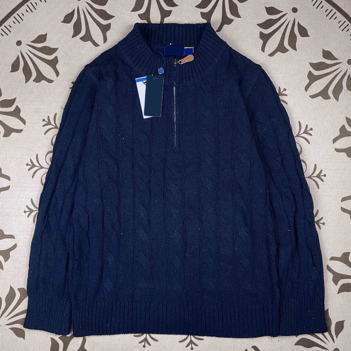 Real Shot RL Raffi Pony Label Embroidered Knit Sweater Men Autumn Winter Stand Collar Cable Couple Half Zip Sweater Women