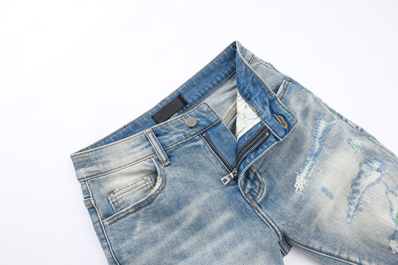 Fashion Street Style Men's Denim Shorts Summer Light Blue Trendy Brand Embroidered Patch Elastic Five-Point Denim Mid-Length Shorts