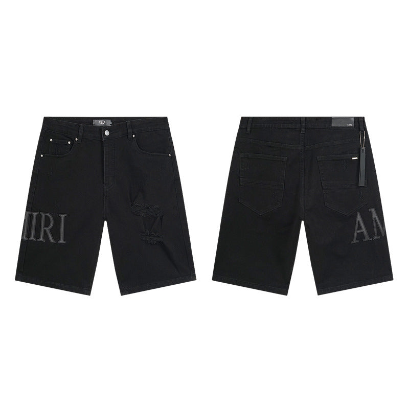 GMABCD Men's Vintage Distressed Patchwork Denim Shorts – Straight-Leg Streetwear – detail view 1