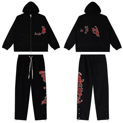 GMabcd Casual Set God-peed Patch Letter Cardigan Hoodie High Street Men's Casual Sweatshirt Sweatpants