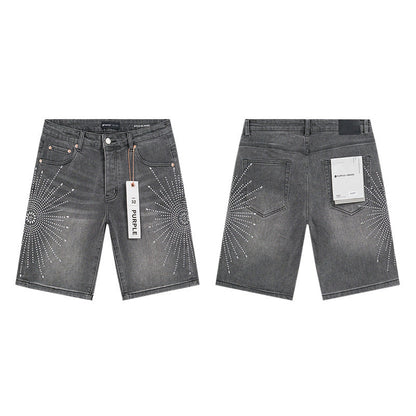 GMABCD Men's Vintage Distressed Patchwork Denim Shorts – Straight-Leg Streetwear – detail view 2