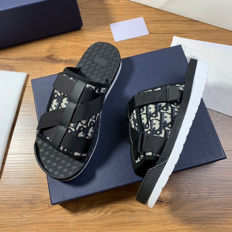 GMabcd Men's Fashion Printed Cloth Magic Tape Casual Slip-On Sandals Non-Slip Outdoor Beach