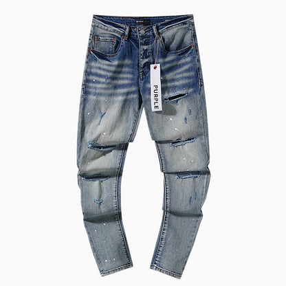 Jeans Washed and Distressed Retro Tattered Jeans Splash Ink Ruffle Handsome and Beautiful Style