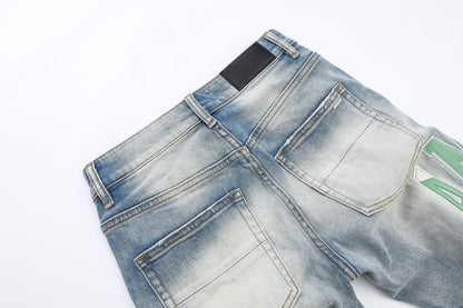 Fashion Street Style Men's Denim Shorts Summer Light Blue Trendy Brand Embroidered Patch Elastic Five-Point Denim Mid-Length Shorts