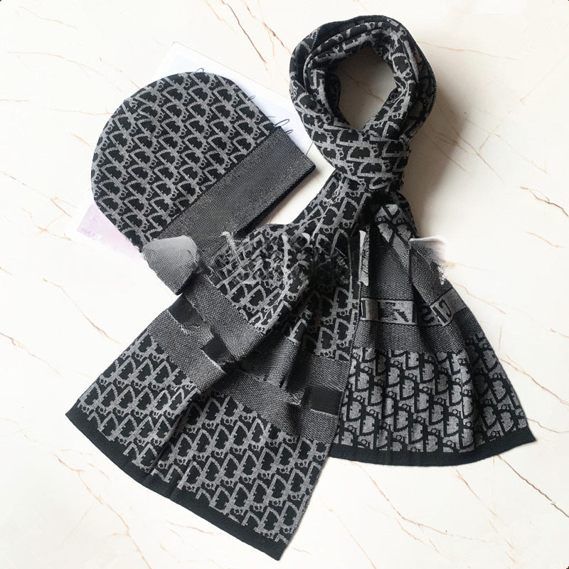 European and American Style Scarf Hat Two-Piece Suit Knitted Men's Wool Leather Tag Scarf Chess Plaid Warm Boys Scarf