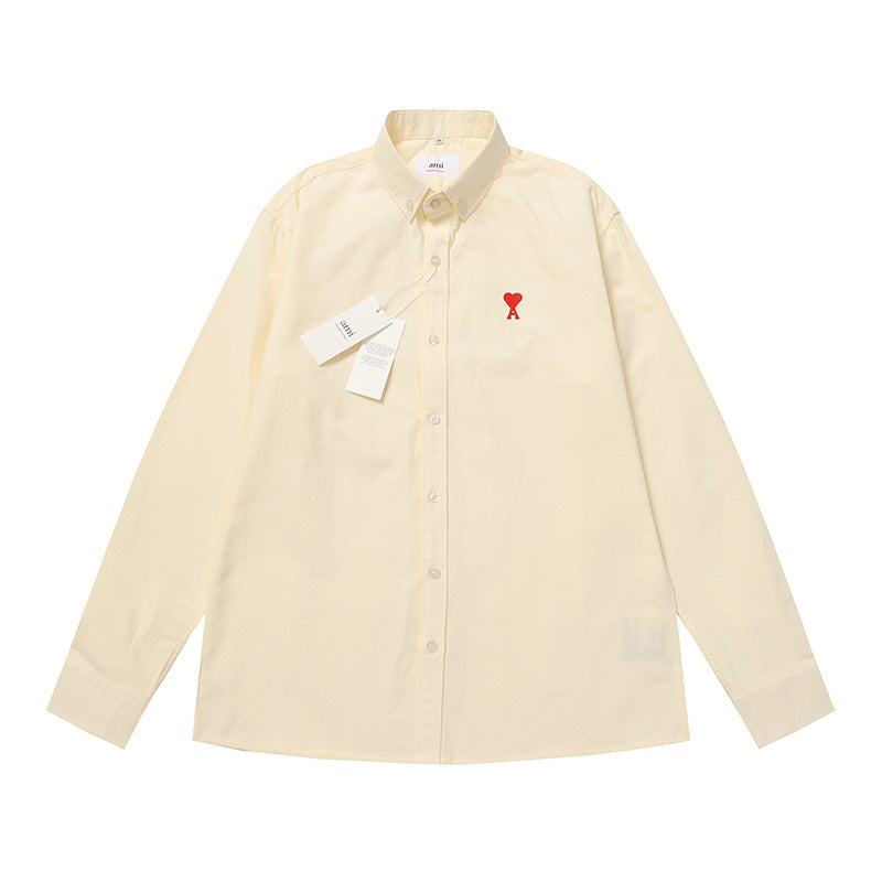 Trendy Brand Am* Small Heart Embroidered Shirt Casual Loose Fit Unisex Couple Style Amy Cotton Long Sleeve Top(2)