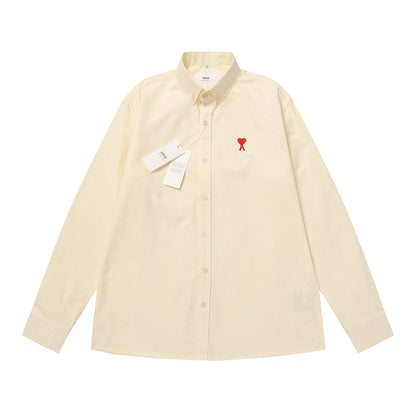 Trendy Brand Am* Small Heart Embroidered Shirt Casual Loose Fit Unisex Couple Style Amy Cotton Long Sleeve Top(2)