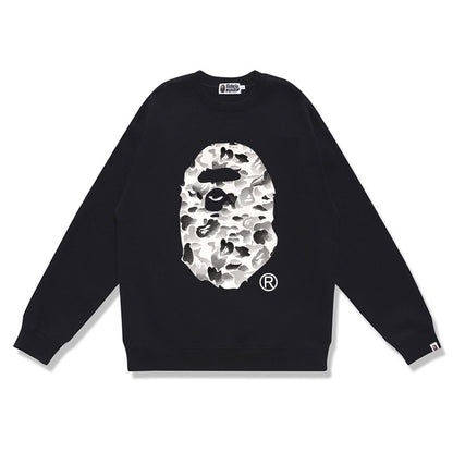 Terry Sweatshirt with Ape Man Letter Print, Unisex, Pure Cotton, Loose Fit, Thin, Crew Neck Pullover Top, Outerwear