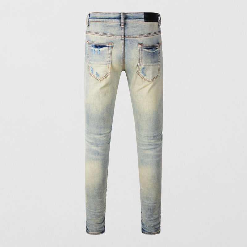High Street Fashion Men's Jeans with Ripped Patches, Distressed Light Blue Slightly Stretchy Slim Fit Skinny Pants, Trendy Long Pants for Men