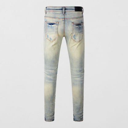 High Street Fashion Men's Jeans with Ripped Patches, Distressed Light Blue Slightly Stretchy Slim Fit Skinny Pants, Trendy Long Pants for Men