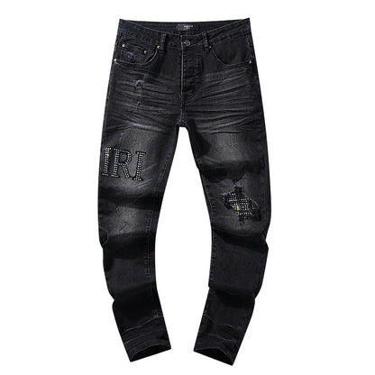 Jeans Washed and Distressed Retro Tattered Jeans Splash Ink Ruffle Handsome and Beautiful Style