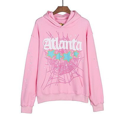 Beautiful Fashion Brand Men's and Women's Same Style 555555 Cobweb Puff Print Hip Hop Loose Heavy Terry Hooded Sweater Set