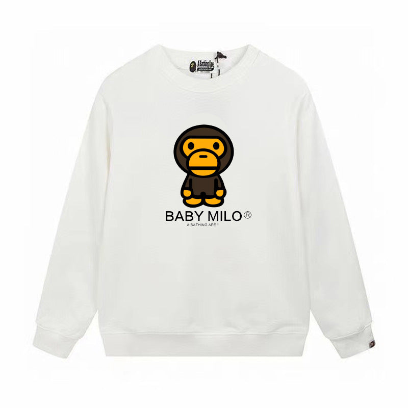 Terry Sweatshirt with Ape Man Letter Print, Unisex, Pure Cotton, Loose Fit, Thin, Crew Neck Pullover Top, Outerwear