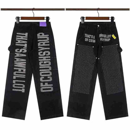 That's A Awful Lot of Cough Syrup Rhinestone Washed Denim Streetwear Pants