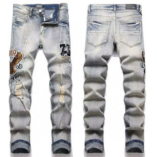 American Style Trendy Brand Jeans for Men with Patch Embroidery High Street Basic Ripped Skinny Fashion Casual Stretch Straight Long Pants