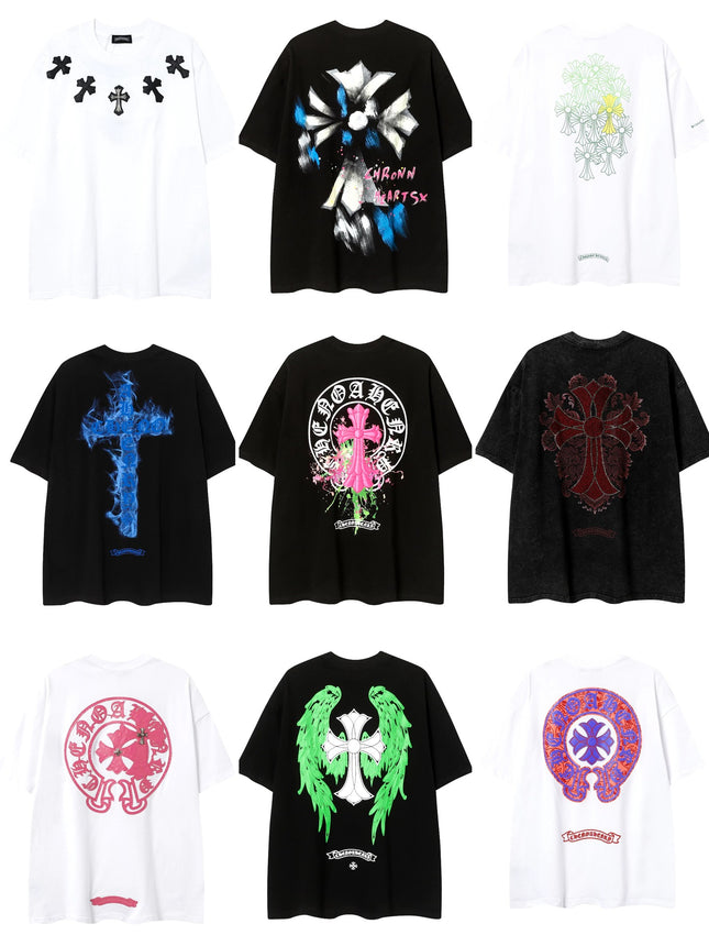 2025 New CHRM Heart Cross Sanskrit Patch Print Embroidery Loose Short Sleeve for Men and Women