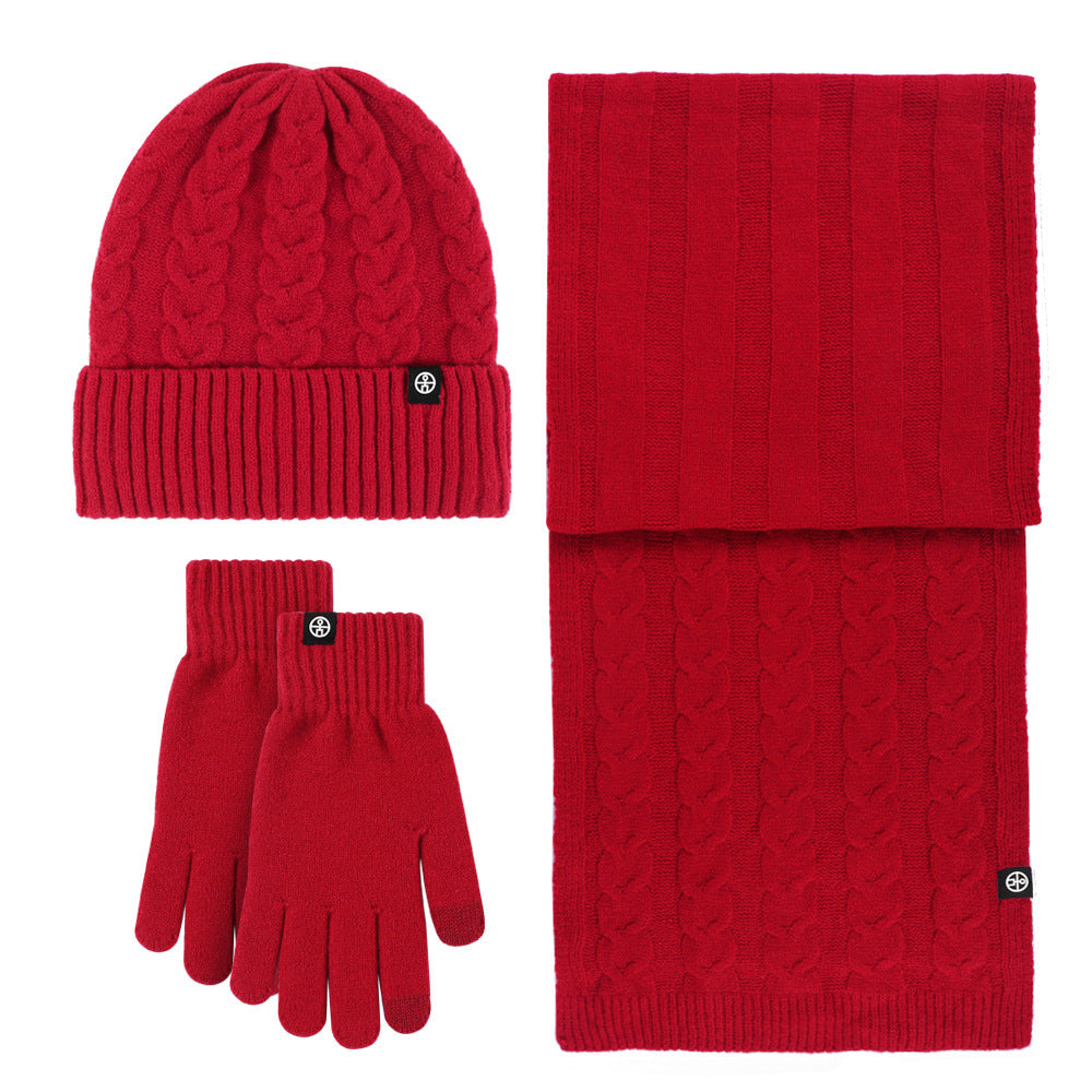 New Solid Color Wool Warm Hat Scarf Gloves Three-Piece Set Cold-Proof Fur Ball Fleece-lined Knitting Suit