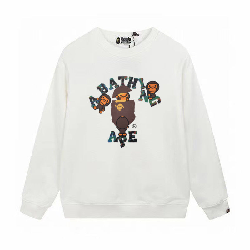 Terry Sweatshirt with Ape Man Letter Print, Unisex, Pure Cotton, Loose Fit, Thin, Crew Neck Pullover Top, Outerwear