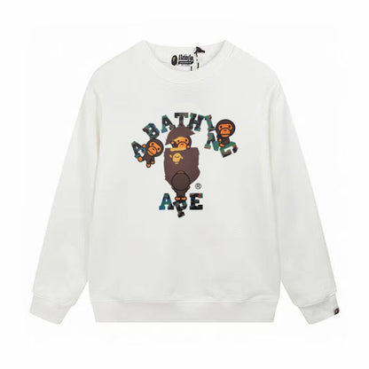 Terry Sweatshirt with Ape Man Letter Print, Unisex, Pure Cotton, Loose Fit, Thin, Crew Neck Pullover Top, Outerwear
