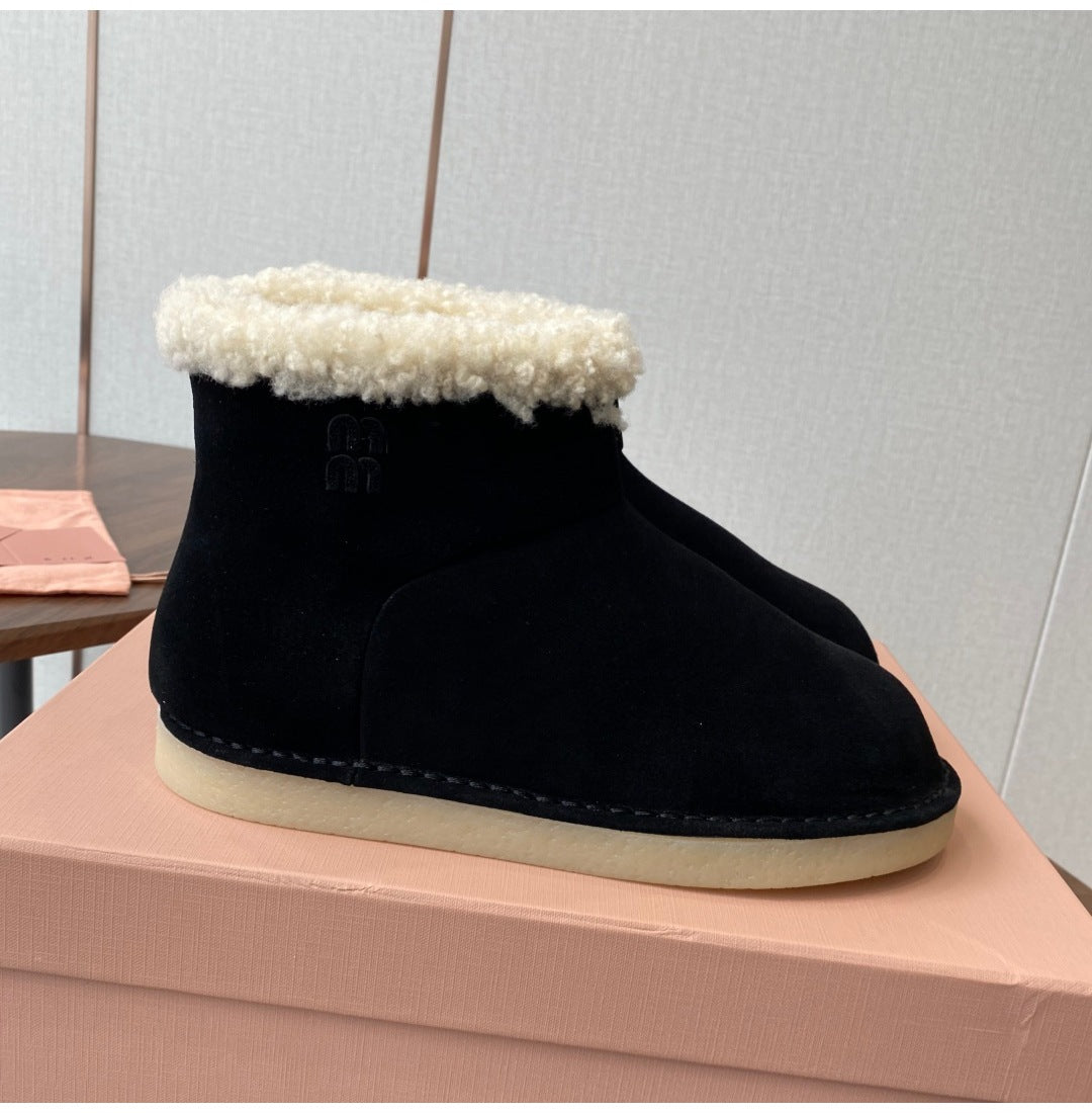 French Style Sheepskin Thick-Soled Snow Boots Round Toe Cow Suede Patchwork Warm Short Boots Versatile Flat Short Cotton Boots