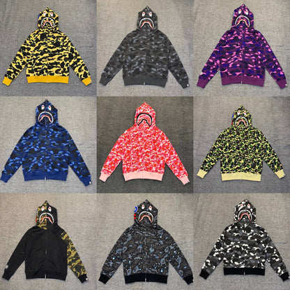 Fashion Brand Shark Camouflage Zipper Sweater Men and Women Couple Loose Cotton Fleece-lined Hooded Cardigan Coat Men
