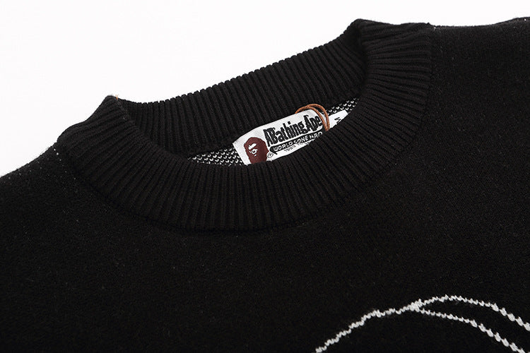 Trendy Brand Knitted Sweater Ape Head Round Neck Pullover Printed Casual Loose Fit Autumn Winter Top