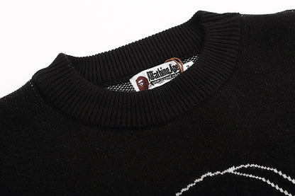 Trendy Brand Knitted Sweater Ape Head Round Neck Pullover Printed Casual Loose Fit Autumn Winter Top